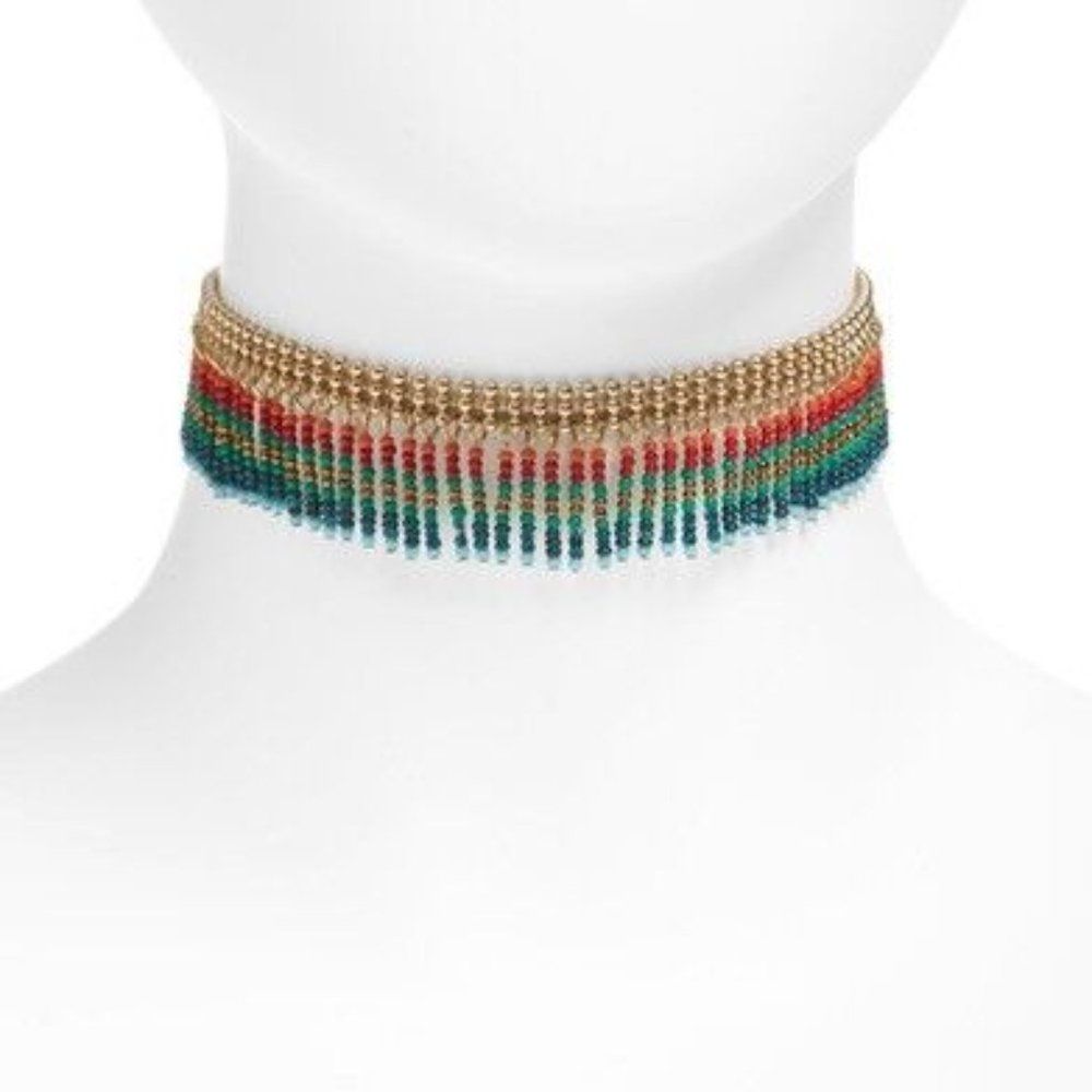 Nordstrom Treasure & Bond Seedbead Multi Color Gold Fringe Choker Necklace Nwt 8